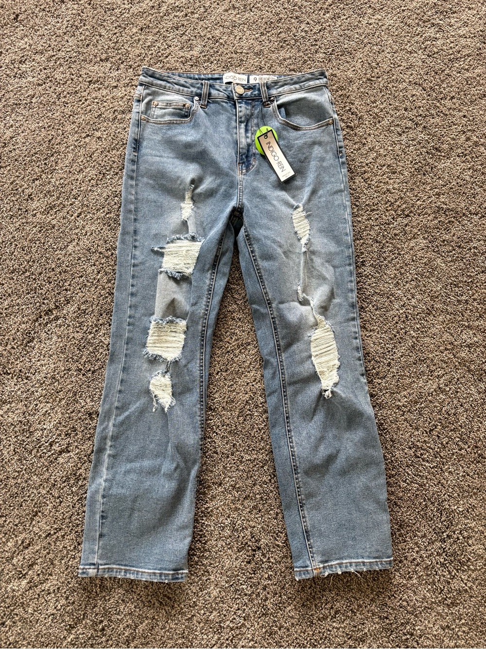 Indigo Rein Straight Leg Jeans Size 9 Organic Cotton Stretch Distressed NWT